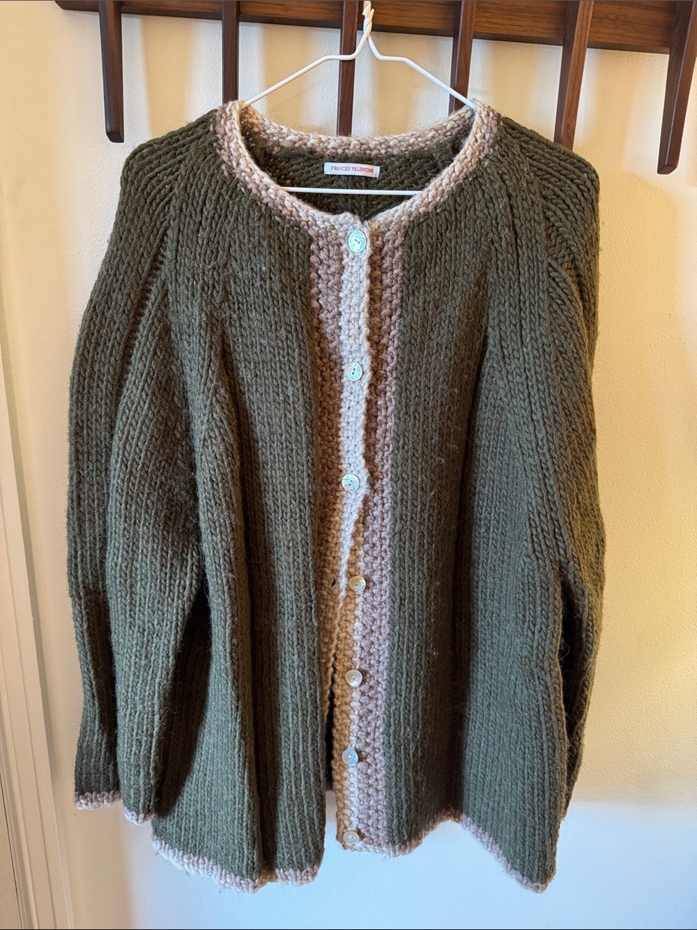 Frances Valentine Olive Green Wool Chunky Knit Cardigan with Cream & Taupe Trim